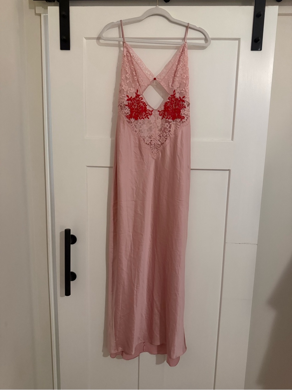 VS Lace-Trim Satin Slip Dress - Pink with Red Embroidery NWT 0780